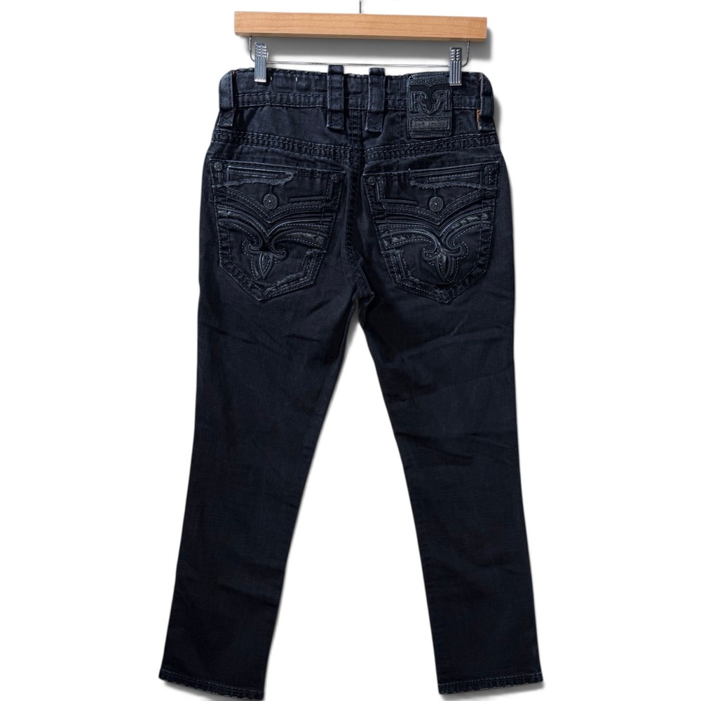 Rock Revival Jeans Mens "Satellite" Black Leather Inserts Slim Straight 30 X 30